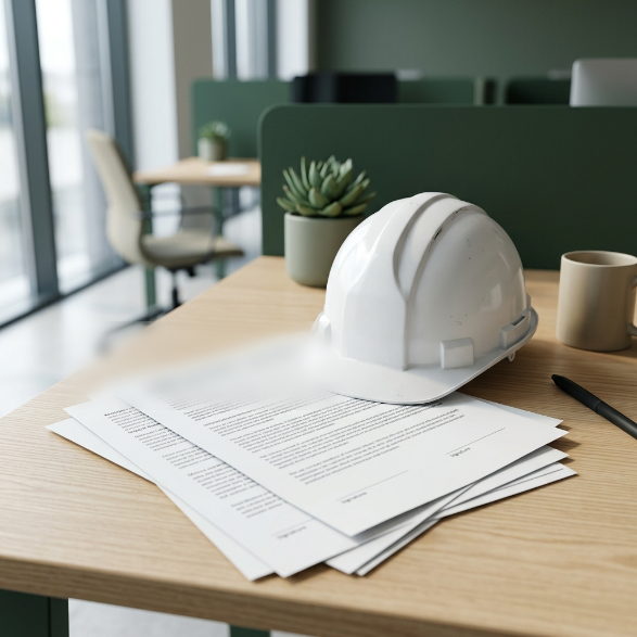 Casco de seguridad blanco sobre un contrato de trabajo, en un escritorio de oficina